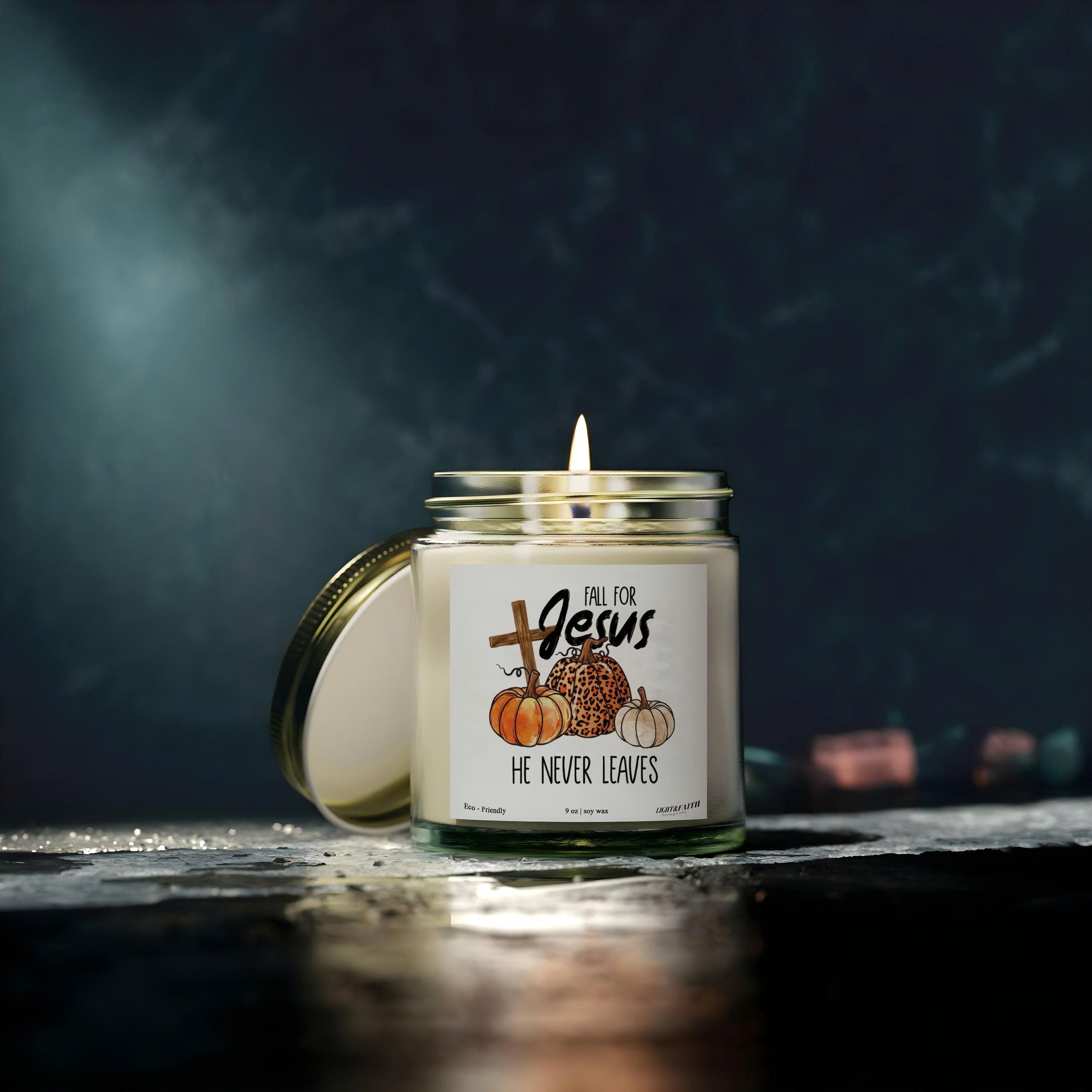 Fall for Jesus Candle, Inspirational Christian Candle, He Never Leaves, Autumn Pumpkin Design, Uplifting Gift for Fall CDLAF32